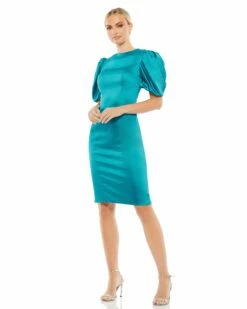 Satin Puff Sleeve Fitted Cocktail Dress