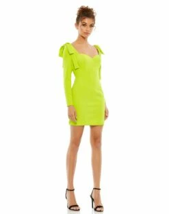 Bow Shoulder Long Sleeve Sweetheart Fitted Mini Dress -Women's Skirt 26643 Lime AB