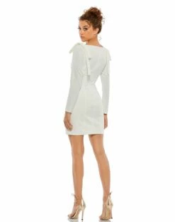 Bow Shoulder Long Sleeve Sweetheart Fitted Mini Dress -Women's Skirt 26643 White BK