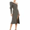 Long Puff Sleeve Polka Dot Tea Length Dress -Women's Skirt 26651 BlackWhite AB