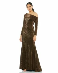 Textured Metallic Off-the-Shoulder Trumpet Gown