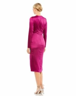 Side Twist Long Sleeve Satin Midi Dress -Women's Skirt 26675 Magenta BK