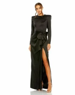 Long Sleeve Structured Bow Draped Gown -Women's Skirt 26676 Black AB