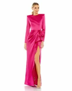 Long Sleeve Structured Bow Draped Gown -Women's Skirt 26676 Magenta AB