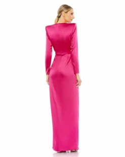 Long Sleeve Structured Bow Draped Gown -Women's Skirt 26676 Magenta BK