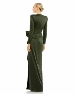 Long Sleeve Structured Bow Draped Gown -Women's Skirt 26676 Olive BK