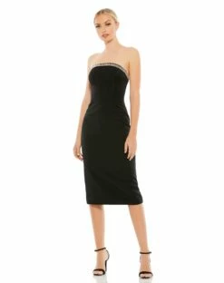 Jeweled Strapless Neckline Fitted Midi Dress
