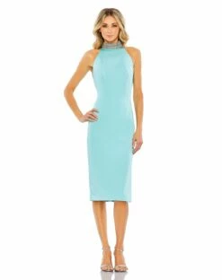 Open Back Jeweled Halter Midi Dress -Women's Skirt 26682 Aqua AB