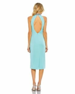Open Back Jeweled Halter Midi Dress -Women's Skirt 26682 Aqua BK