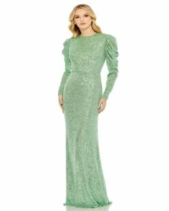 Sequined High Neck Puff Long Sleeve Column Gown -Women's Skirt 26692 Green AB