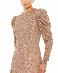 Sequined High Neck Puff Long Sleeve Column Gown -Women's Skirt 26692 COP 3 WS