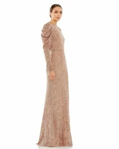 Sequined High Neck Puff Long Sleeve Column Gown -Women's Skirt 26692 COP 4 WS