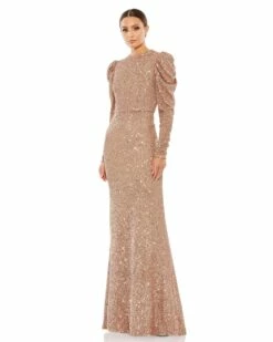 Sequined High Neck Puff Long Sleeve Column Gown