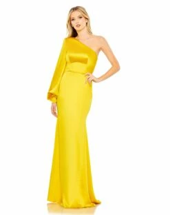 One Shoulder Bishop Sleeve Trumpet Gown -Women's Skirt 26712 Sunset AB