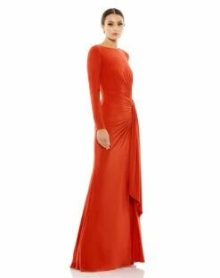 Ruched Long Sleeve Cowl Neck Gown -Women's Skirt 26714 Brick AS