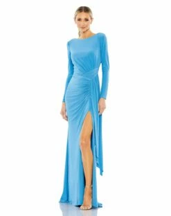 Ruched Long Sleeve Cowl Neck Gown -Women's Skirt 26714 Turquoise AB