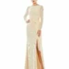 Sequined Ruched Long Sleeve Boat Neck Gown