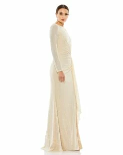 Sequined Ruched Long Sleeve Boat Neck Gown -Women's Skirt 26715 Pearl AS