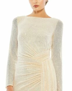 Sequined Ruched Long Sleeve Boat Neck Gown -Women's Skirt 26715 Pearl CL