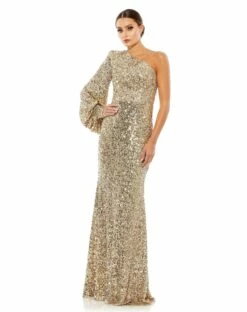 Sequined One Shoulder Bishop Sleeve Trumpet Gown -Women's Skirt 26717 Gold AB