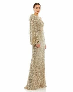 Sequined One Shoulder Bishop Sleeve Trumpet Gown -Women's Skirt 26717 Gold AS