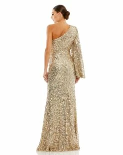 Sequined One Shoulder Bishop Sleeve Trumpet Gown -Women's Skirt 26717 Gold BK
