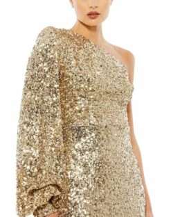 Sequined One Shoulder Bishop Sleeve Trumpet Gown -Women's Skirt 26717 Gold CL