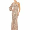 Sequined One Shoulder Bishop Sleeve Trumpet Gown -Women's Skirt 26717 RosePink AB