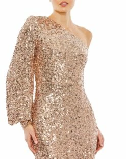 Sequined One Shoulder Bishop Sleeve Trumpet Gown -Women's Skirt 26717 RosePink CL