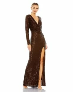 Sequined Long Sleeve Faux Wrap Ruched Gown -Women's Skirt 26723 Chocolate AB