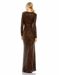 Sequined Long Sleeve Faux Wrap Ruched Gown -Women's Skirt 26723 Chocolate BK