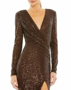 Sequined Long Sleeve Faux Wrap Ruched Gown -Women's Skirt 26723 Chocolate CL