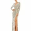 Sequined Long Sleeve Faux Wrap Ruched Gown -Women's Skirt 26723 Nude AB