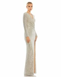 Sequined Long Sleeve Faux Wrap Ruched Gown -Women's Skirt 26723 Nude AS