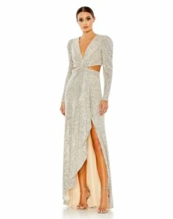 Sequined Criss Cross Long Sleeve Gown -Women's Skirt 26739 Nude AB