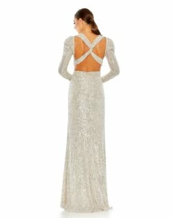 Sequined Criss Cross Long Sleeve Gown -Women's Skirt 26739 Nude BK