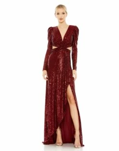 Sequined Criss Cross Long Sleeve Gown