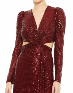 Sequined Criss Cross Long Sleeve Gown -Women's Skirt 26739 Wine CL