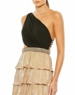 Metallic One Shoulder Ruffle Tiered Gown -Women's Skirt 26742 BlackGold CL