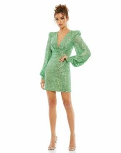 Sequined Structured Bishop Sleeve Mini Dress