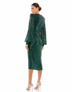 Sequined Structured Bishop Sleeve Midi Dress 16 Sequined Structured Bishop Sleeve Midi Dress -Women's Skirt 26866 BlackEmerald BK