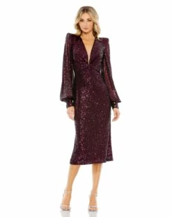Sequined Structured Bishop Sleeve Midi Dress