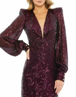 Sequined Structured Bishop Sleeve Midi Dress 14 Sequined Structured Bishop Sleeve Midi Dress -Women's Skirt 26866 Magenta CL
