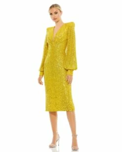 Sequined Structured Bishop Sleeve Midi Dress 18 Sequined Structured Bishop Sleeve Midi Dress -Women's Skirt 26866 Yellow AB