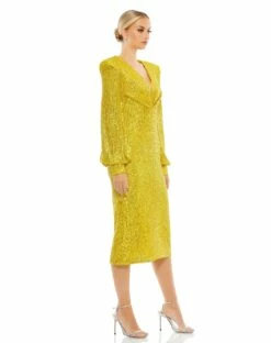 Sequined Structured Bishop Sleeve Midi Dress 21 Sequined Structured Bishop Sleeve Midi Dress -Women's Skirt 26866 Yellow AS