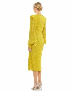 Sequined Structured Bishop Sleeve Midi Dress 19 Sequined Structured Bishop Sleeve Midi Dress -Women's Skirt 26866 Yellow BK