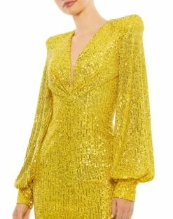 Sequined Structured Bishop Sleeve Midi Dress 20 Sequined Structured Bishop Sleeve Midi Dress -Women's Skirt 26866 Yellow CL