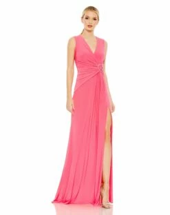 Draped Side Knot Jersey Gown W/ Rhinestone Ring