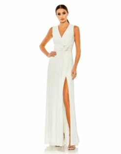 Draped Side Knot Jersey Gown W/ Rhinestone Ring -Women's Skirt 26890 White AB fe1b9f94 ee70 40bf a38f 5dfc6794ba70