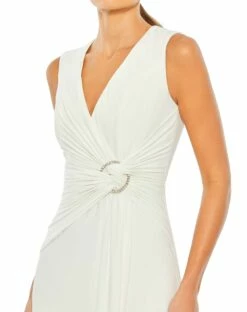 Draped Side Knot Jersey Gown W/ Rhinestone Ring -Women's Skirt 26890 White CL 204a30c1 5da6 49cc 9cde d76b6a1ec68d